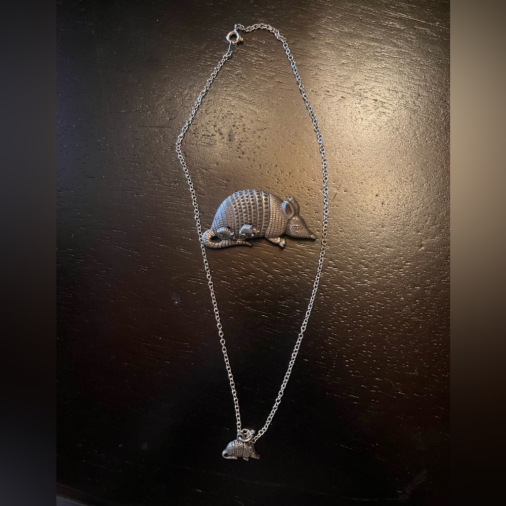 Pewter Armadillo Pendant Necklace Brooch and Earring Set